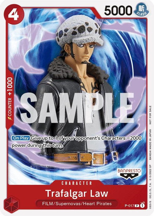 A trading card featuring Trafalgar Law from One Piece. This Promo Card, *Trafalgar Law (One Piece Film Red) [One Piece Promotion Cards]* by Bandai, showcases Law in his iconic hat with spots, a collared jacket, and wielding a sword. The card has a red border, 5000 power, and 4 cost. Text reads: "On Play: Give up to 1 of your opponent's Characters -2000 power during this turn.