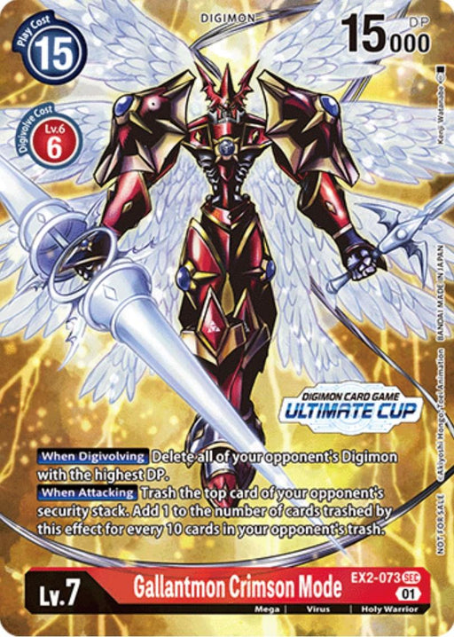 An image of a Digimon card featuring Gallantmon Crimson Mode [EX2-073] (Ultimate Cup) [Digital Hazard Promos]. The card shows a winged, armored red and gold Digimon with a spear and shield, labeled Lv.7 with 15,000 DP. It has special abilities described in text boxes. Part of the Digital Hazard Promos, it belongs to the EX2 set and is numbered EX2-073.