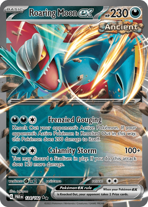 The image is a Double Rare Pokémon trading card featuring Roaring Moon ex (124/182) [Scarlet & Violet: Paradox Rift]. Roaring Moon ex has 230 HP and is of the Dragon type hailing from the Paradox Rift. The card showcases two moves: "Frenzied Gouging" and "Calamity Storm," with artwork adorned by earth, rock, and Darkness elements.