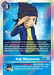 Koji Minamoto [BT7-087] [Next Adventure] trading card from the Digimon series depicts a boy named Koji Minamoto wearing a striped bandana, which he presses downward with his right hand. The card features text on security, main, limited effects, and memory cost. The character illustration is set against a gradient blue background with textual stats below it. Koji appears as a Hybrid Tamer preparing to summon MagnaGarurumon.