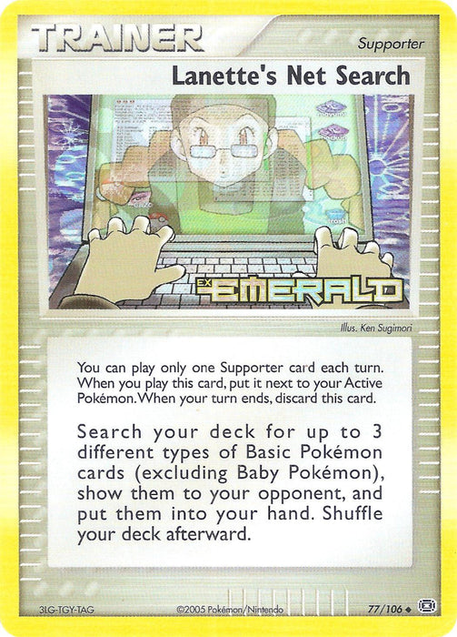 The image is of a rare supporter Pokémon trading card from the EX: Emerald series titled "Lanette's Net Search (77/106) (Stamped)." It features an illustration of Lanette using a computer. The card's text allows the player to search their deck for up to three different types of Basic Pokémon and add them to their hand.