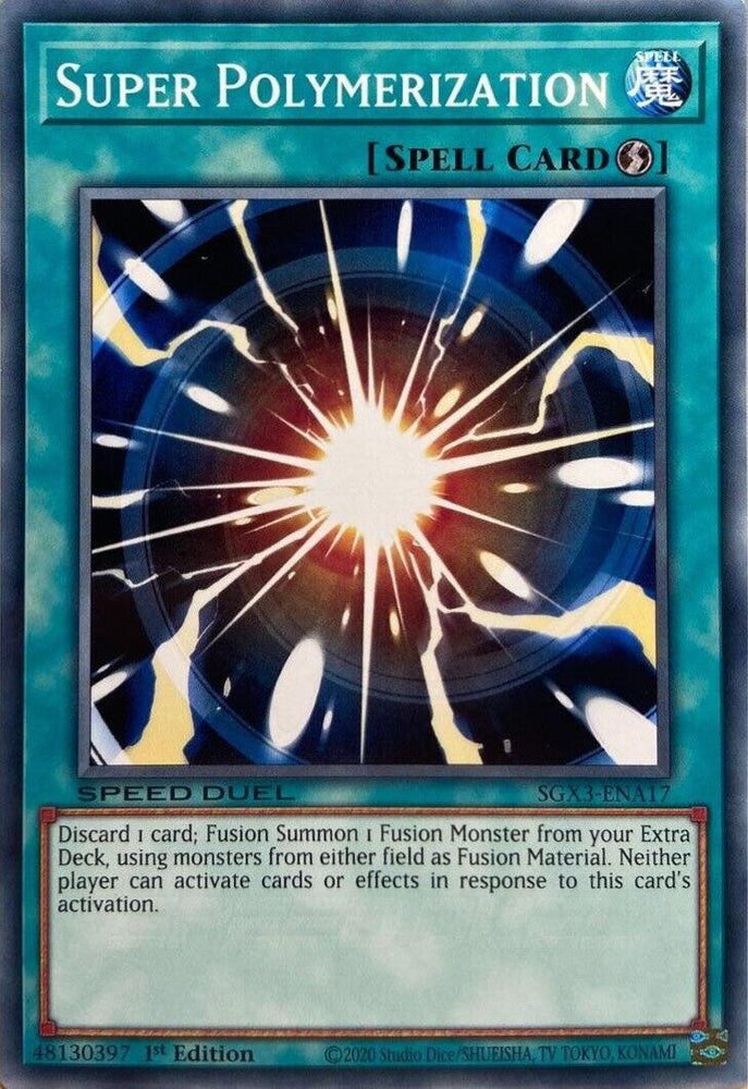 A "Super Polymerization [SGX3-ENA17] Common" Yu-Gi-Oh! Quick-Play Spell card is displayed. The card showcases a bright burst of light at its center, with lightning-like tendrils extending outward. The text box describes the Fusion Summon effect, and the spell card symbol is shown in the top right corner. The card's borders are dark blue.