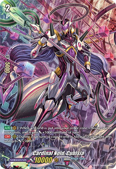 A dynamic fantasy card illustration of "Cardinal Noid, Cubisia (D-BT01/SP31EN)" from the Genesis of the Five Greats series by Bushiroad, featuring an armored figure wielding a staff, set against a vibrant, abstract background. The figure is adorned in elaborate, angular armor in purple and silver hues, surrounded by swirling energy and otherworldly elements. Brandt Gate's mark and Special Parallel text are visible at the bottom.