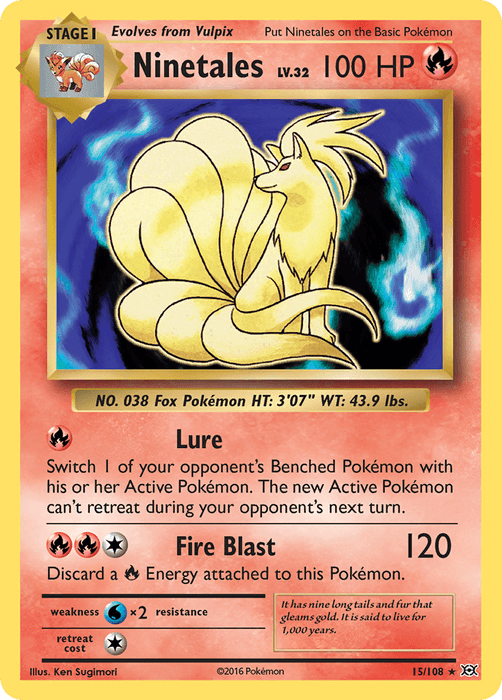 A Ninetales (15/108) [XY: Evolutions] Pokémon card with a red background and 100 HP. This Holo Rare features Ninetales, a nine-tailed fox with a light yellow coat. The card includes the abilities Lure and Fire Blast, costing energy cards to use. Text about height, weight, and evolutions is listed, with an illustration by Ken Sugimori. Numbered XY: Evolutions from Pokémon.