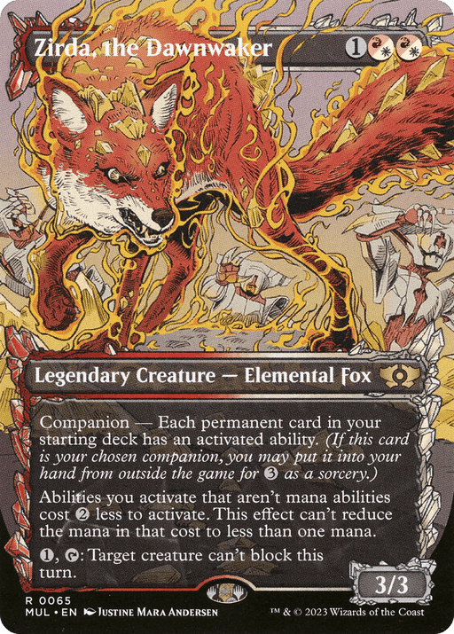 A Magic: The Gathering card, "Zirda, the Dawnwaker [Multiverse Legends]," features an orange and red Elemental Fox surrounded by gold flames. As a Legendary Creature with Companion, it reduces mana costs. With a power and toughness of 3/3, its stunning art is by Justine Mara Andersen. This card is truly a Multiverse Legend.