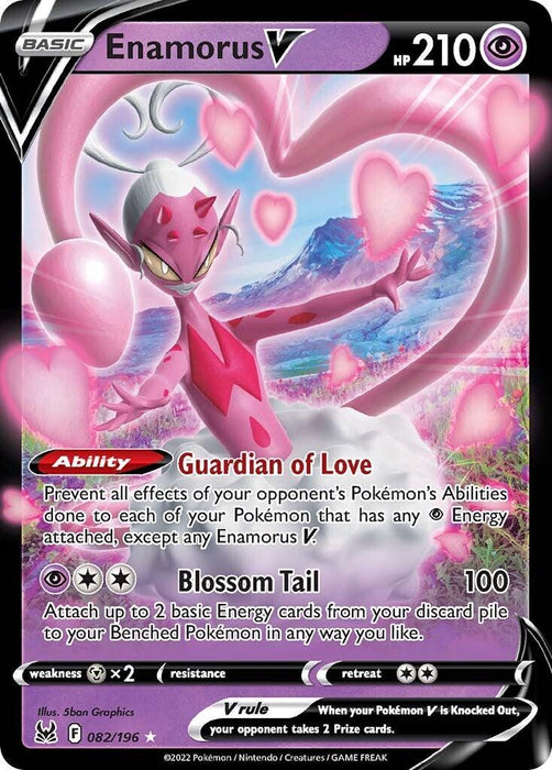 A Pokémon trading card from the Lost Origin set featuring "Enamorus V" with 210 HP and a pink, heart-shaped illustration. The Psychic-type includes the ability "Guardian of Love," preventing effects on your Psychic Energy Pokémon. The move "Blossom Tail" deals 100 damage and attaches 2 basic Energy cards from discard to your benched Pokémon. It's item number Enamorus V (082/196) [Sword & Shield: Lost Origin] by Pokémon.
