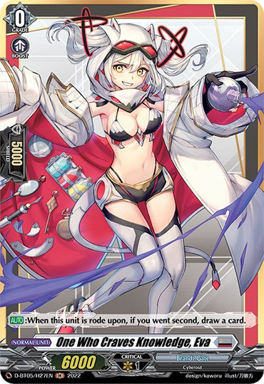 A card from Cardfight!! Vanguard's Brandt Gate series featuring "One Who Craves Knowledge, Eva (D-BT05/H27EN) [Triumphant Return of the Brave Heroes]" by Bushiroad. This Holo card depicts a girl with white hair, cat ears, and a determined expression. She sports a futuristic outfit in black, red, and white. The card includes stats, abilities, and game information from the Triumphant Return of the Brave Heroes set.