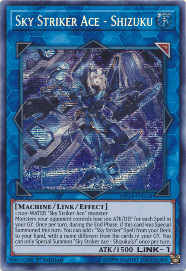 The image shows the Prismatic Secret Rare "Sky Striker Ace - Shizuku [MP19-EN258]" Yu-Gi-Oh! trading card from the 2019 Gold Sarcophagus Tin Mega Pack. It features a female character with blue and white armor, holding a sword with holographic blue outlines in the background. The card is blue-bordered and includes details about the card's effects, stats, and attributes.