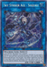 The image shows the Prismatic Secret Rare "Sky Striker Ace - Shizuku [MP19-EN258]" Yu-Gi-Oh! trading card from the 2019 Gold Sarcophagus Tin Mega Pack. It features a female character with blue and white armor, holding a sword with holographic blue outlines in the background. The card is blue-bordered and includes details about the card's effects, stats, and attributes.