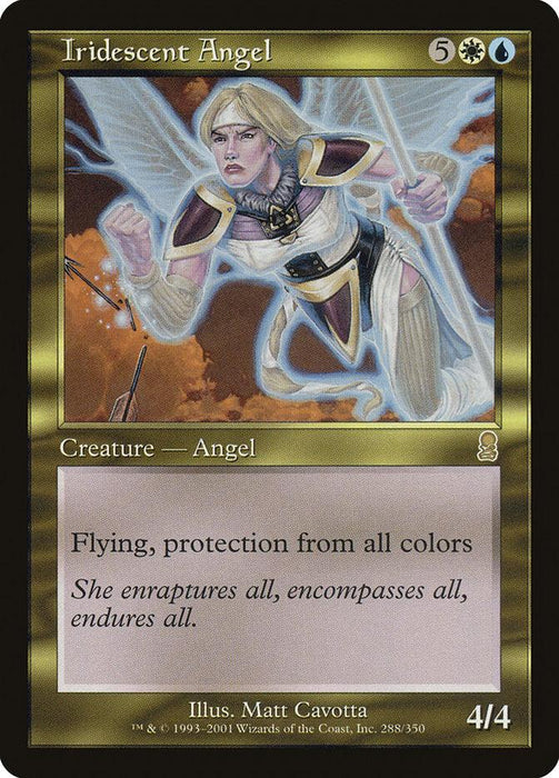 Magic: The Gathering product titled "Iridescent Angel [Odyssey]" features a creature — angel with white wings, golden armor, and a glowing aura. The angel is depicted mid-flight with an outstretched arm. The card's text reads: "Flying, protection from all colors. She enraptures all, encompasses all, endures all.