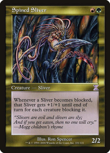 The Magic: The Gathering "Spined Sliver" card from the Time Spiral Timeshifted set features a 2/2 creature with alien spines, gains power and toughness when blocked, illustrated by Ron Spencer. Copyright Wizards of the Coast.