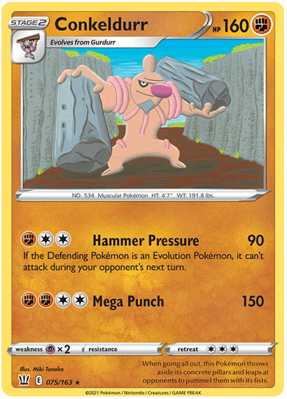 A Rare Pokémon trading card from Sword & Shield: Battle Styles featuring Conkeldurr (075/163) [Sword & Shield: Battle Styles], a humanoid Fighting Type Pokémon holding two concrete pillars. Boasting 160 HP, it includes two attacks: Hammer Pressure (90 damage) and Mega Punch (150 damage). The background displays a bustling construction site. This Stage 2 card evolves from Gurdurr.