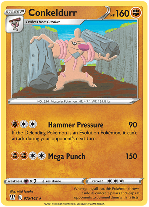 A Rare Pokémon trading card from Sword & Shield: Battle Styles featuring Conkeldurr (075/163) [Sword & Shield: Battle Styles], a humanoid Fighting Type Pokémon holding two concrete pillars. Boasting 160 HP, it includes two attacks: Hammer Pressure (90 damage) and Mega Punch (150 damage). The background displays a bustling construction site. This Stage 2 card evolves from Gurdurr.