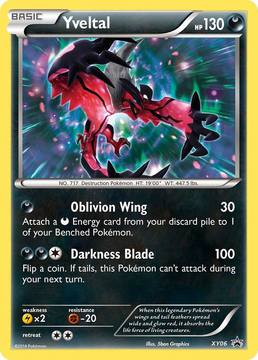 A Pokémon trading card featuring Yveltal (XY06) [XY: Black Star Promos], a black and red winged creature. The card has 130 HP and is a Dark type. Its moves are Oblivion Wing, which does 30 damage, and Darkness Blade, which does 100 damage. As part of the Pokémon series, its number is XY06 with a description about Yveltal at the bottom.