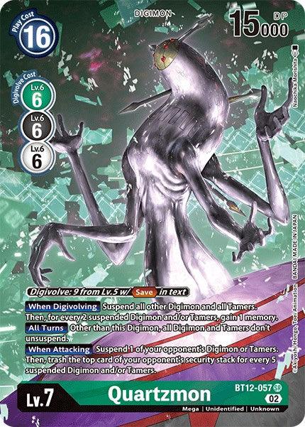 A Super Rare Digimon trading card featuring Quartzmon [BT12-057] (Alternate Art) [Across Time], a level 7 Digimon with a striking purple and green color scheme. The card details various stats: Play Cost 16, DP 15000, and Digivolve Cost of 6 from Lv.6. Special abilities and effects are described in the text box. The card's ID is BT12-057.