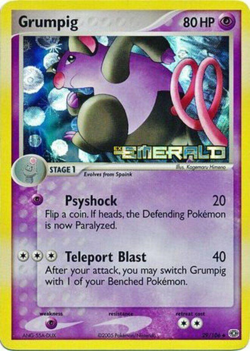 A Pokémon trading card for Grumpig (29/106) (Stamped) [EX: Emerald] from the Pokémon series. This uncommon card features Grumpig, a psychic purple pig-like creature with black pearls on its head and tail. The moves listed are Psyshock, which does 20 damage, and Teleport Blast, which does 40 damage. The card is labeled stage 1.