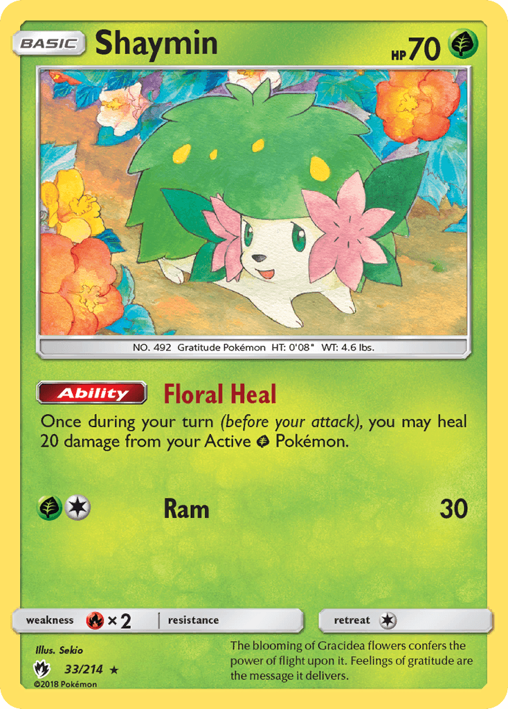 This Holo Rare Pokémon card, Shaymin (33/214) from the Sun & Moon: Lost Thunder series, showcases Shaymin with 70 HP. The artwork depicts Shaymin confidently standing on grass, adorned with large pink flowers and green leaves on its back. It features the 