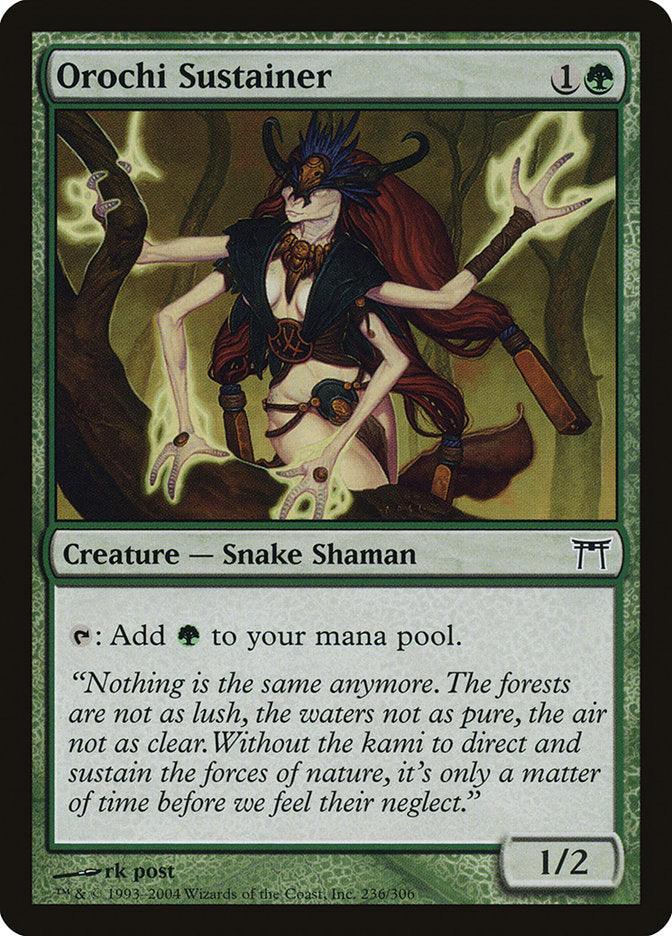 The image showcases a Magic: The Gathering card named Orochi Sustainer from the Champions of Kamigawa set. It depicts a Creature — Snake Shaman characterized by humanoid features, dressed in tribal clothing with horns and a mask, set against the backdrop of an enchanting forest. The card requires 1 green mana, represented by {G}, and has power/toughness values of 1/2.