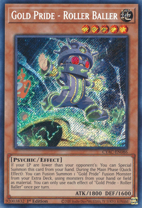 A Yu-Gi-Oh! Secret Rare trading card titled "Gold Pride - Roller Baller [CYAC-EN086]" from the Cyberstorm Access set. The card image features a roller-skating robot with a gold and blue body, large red eyes, and a small red button on its chest. The Psychic/Effect card boasts ATK/DEF stats of 1800/1600.