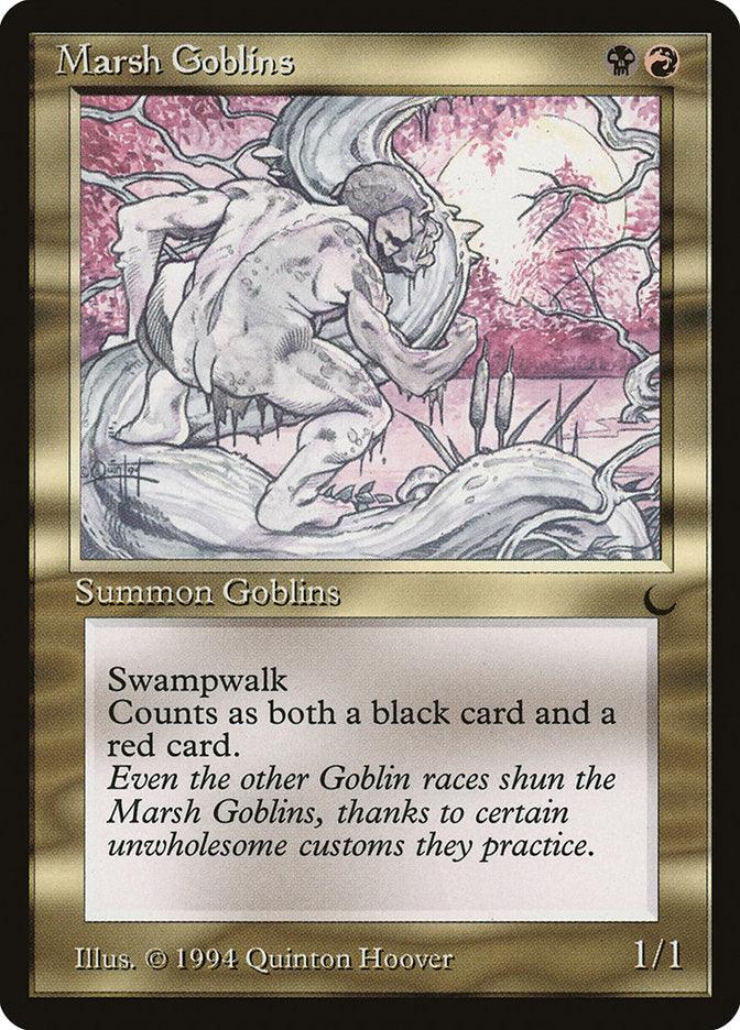 A "Magic: The Gathering" card titled "Marsh Goblins [The Dark]," illustrated by Quinton Hoover. It depicts a goblin in a swamp, featuring "swampwalk" and counting as both a black and red card. The flavor text highlights other goblins shunning Marsh Goblins [The Dark] for their swampy habitat.