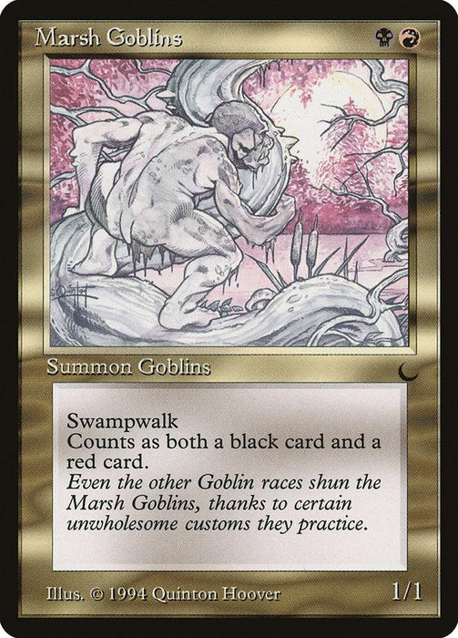 A "Magic: The Gathering" card titled "Marsh Goblins [The Dark]," illustrated by Quinton Hoover. It depicts a goblin in a swamp, featuring "swampwalk" and counting as both a black and red card. The flavor text highlights other goblins shunning Marsh Goblins [The Dark] for their swampy habitat.