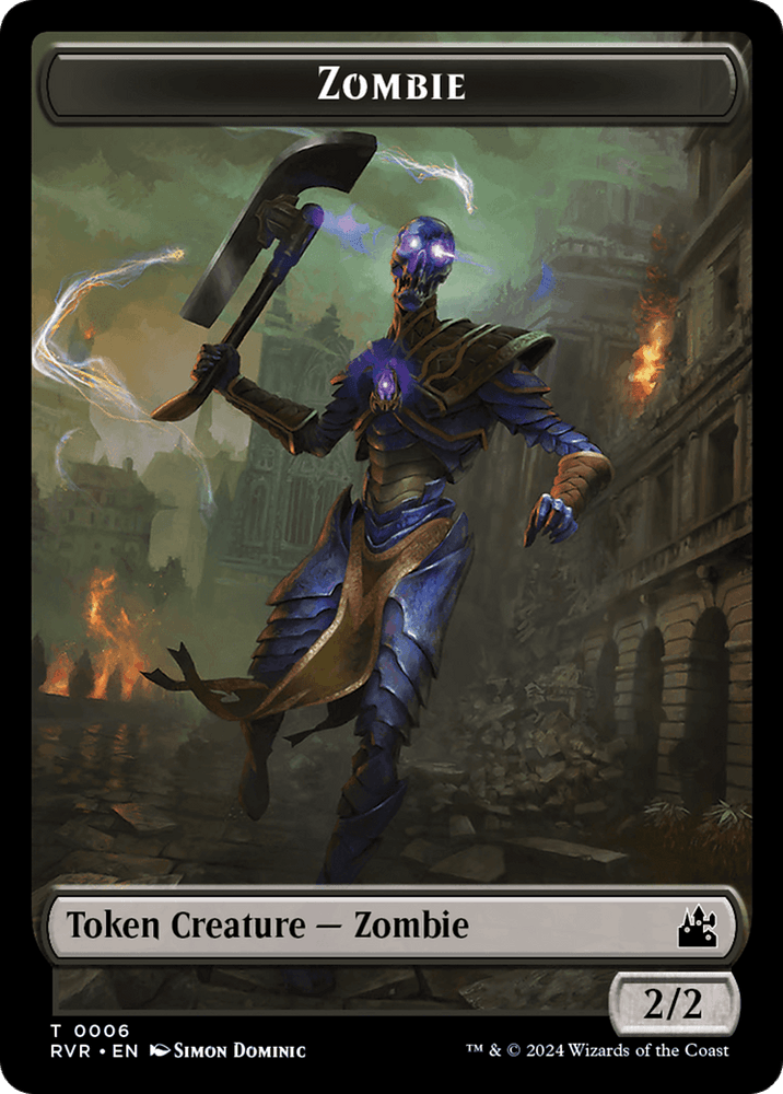 Magic: The Gathering Bird // Zombie Double-Sided Token [Ravnica Remastered Tokens] displaying a fierce Zombie creature. The armored, decaying figure holds a scythe and emits a blue aura as it stands amid a ruined cityscape with burning buildings. The card notes "Token Creature – Zombie" with stats "2/2" at the bottom right.