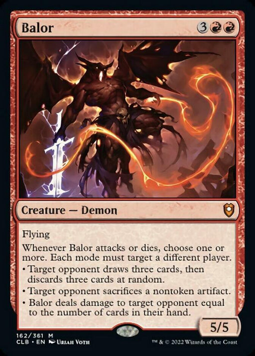 Magic: The Gathering card titled "Balor [Commander Legends: Battle for Baldur's Gate]". It depicts a dark, winged demon wielding a fiery whip against a hellish backdrop. This mythic creature has a mana cost of 3BR, is of the Demon type with 5/5 stats, and boasts flying with various effects when attacking or dying.