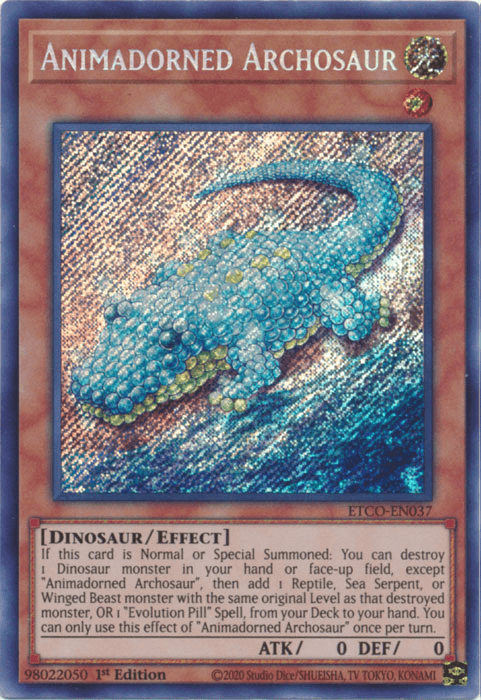A Yu-Gi-Oh! trading card titled "Animadorned Archosaur [ETCO-EN037] Secret Rare." This Secret Rare card depicts a sea-green, sparkling dinosaur against an underwater background with bubbles. Its effect, including synergy with Evolution Pill cards, is detailed in a textbox beneath the image. The Dinosaur/Effect monster has 0 attack and 0 defense points.