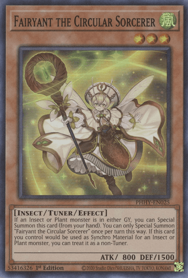 The image showcases a Yu-Gi-Oh! card named "Fairyant the Circular Sorcerer [PHHY-EN025]," a Super Rare Tuner/Effect Monster. The card depicts a character with insect-like traits, wielding a magical staff adorned with circular designs. With green wings and intricate armor, the background art masterfully blends yellow and green hues in stunning detail.