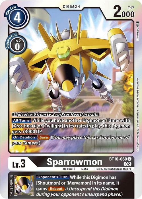 A Digimon card featuring Sparrowmon [BT10-060] [Xros Encounter], a Level 3 Rookie Digimon. Sparrowmon, with bird-like features and yellow armor, is depicted flying with a dynamic background. Boasting Xros Heart affiliation and the Reboot ability, the card details play cost, DP, Digivolve requirements, effects, and abilities around the image.