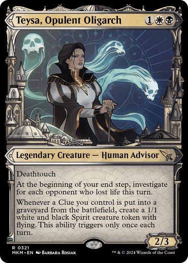 A Magic: The Gathering card titled "Teysa, Opulent Oligarch (Showcase) (0321)" from the Murders at Karlov Manor set. It depicts a woman in ornate clothing within a cathedral backdrop, shrouded in spectral blue light. This 2/3 Legendary Creature - Human Advisor features abilities related to investigating and creating Spirit creature tokens.