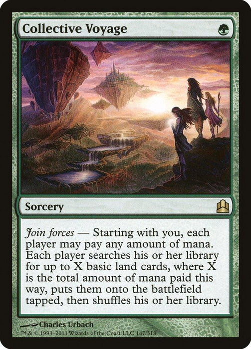 Collective Voyage [Commander 2011]," a rare green sorcery card from Magic: The Gathering, features artwork of three figures pointing towards floating land masses. Its effect lets each player search their library for X basic land cards, where X is the total mana paid, and put them onto the battlefield tapped.