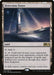 The image is of a Magic: The Gathering Detection Tower [Core Set 2019], a rare land card. A mysterious tower emits a beam of light, illuminating the dark landscape. It allows you to add colorless mana or pay 1 mana and tap to negate hexproof of opponents' creatures and permanents.