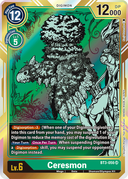 An image of a Digimon trading card from the Release Special Booster Ver.1.5 set features Ceresmon [BT3-056] (Alternate Art). This Super Rare card showcases a tree-like Digimon adorned with green foliage, concealing a humanoid figure among its branches. Highlighting its Mega level, Data type, and Shaman/Olympos XII family attributes, the card boasts a DP of 12,000 and includes special abilities like Digisorption.