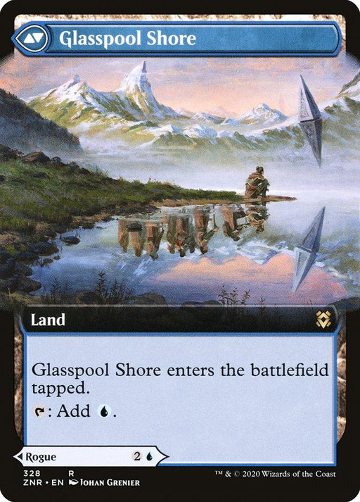 A Magic: The Gathering card named "Glasspool Mimic // Glasspool Shore (Extended Art) [Zendikar Rising]." It features artwork of two sailboats on a serene lake with mountains in the background. The card type is Land, and it reads: "Glasspool Shore enters the battlefield tapped. Tap: Add one blue mana." Illustration by Johan Grenier.