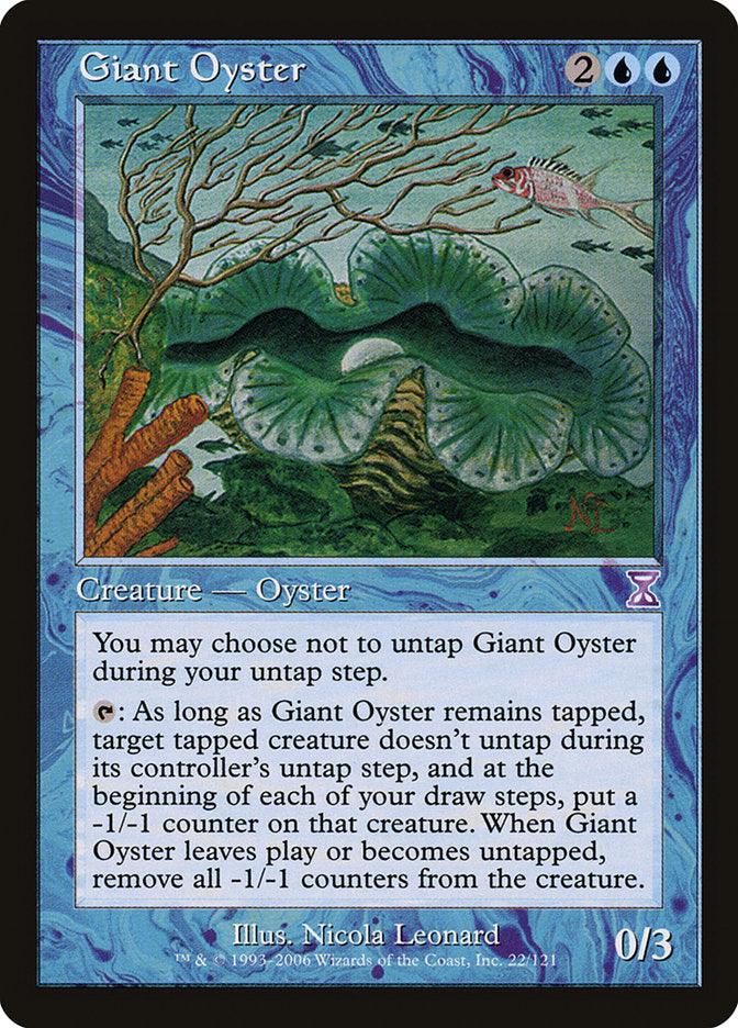 The image displays a "Giant Oyster [Time Spiral Timeshifted]" Magic: The Gathering card. It requires 2 blue mana and 2 colorless mana to cast. Featuring artwork of a giant oyster in an underwater setting, the card text includes abilities such as keeping it tapped to weaken other tapped creatures.