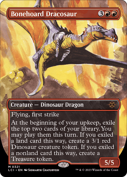 A Magic: The Gathering card titled "Bonehoard Dracosaur (Borderless) [The Lost Caverns of Ixalan]," from the Mythic "Lost Caverns of Ixalan" series, costs 3 colorless and 2 red mana. The illustration shows a Dinosaur Dragon with wings extended. The card has flying, first strike, and abilities involving card exile and creature token creation.