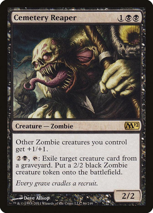 A Magic: The Gathering card titled "Cemetery Reaper [Magic 2012]" from Magic: The Gathering. This Rare card has a black border featuring a grotesque, monstrous zombie illustration. It costs 1 black and 2 colorless mana, is a Creature — Zombie with power/toughness of 2/2, boosts other zombies and creates zombie tokens by exiling creatures from graveyards.