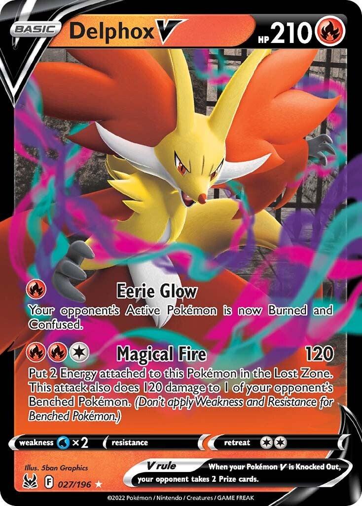 A Pokémon trading card featuring Delphox V (027/196) [Sword & Shield: Lost Origin] from Pokémon. Delphox stands majestically with flames swirling around it. This Ultra Rare card details 210 HP and two attacks: 