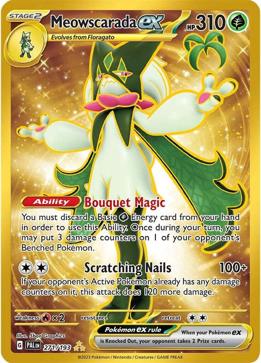 A Meowscarada ex (271/193) [Scarlet & Violet: Paldea Evolved] Pokémon card from the Scarlet & Violet: Paldea Evolved series, numbered 271/193. It showcases Meowscarada in an action pose with 310 HP. The card details its 'Bouquet Magic' ability and 'Scratching Nails' attack. This Hyper Rare card has a yellow border and contains various stats and game information.