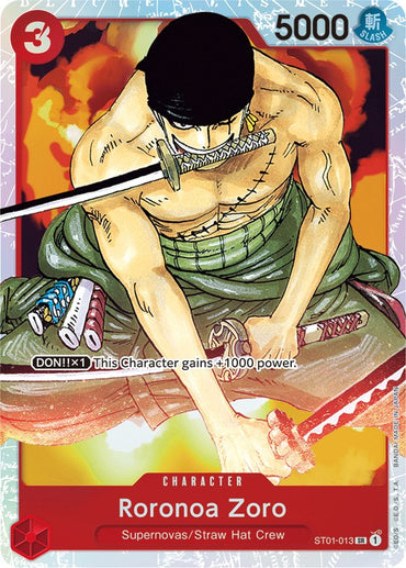 A Super Rare trading card from Bandai's "Roronoa Zoro [Starter Deck: Straw Hat Crew]" features an illustrated character named Roronoa Zoro from the Straw Hat Crew. He is shirtless, wearing green pants, and gripping two swords with a third sword clenched in his mouth. Text on the card includes his name, stats (5000 power), and abilities. The colors are vibrant with a red and white background.