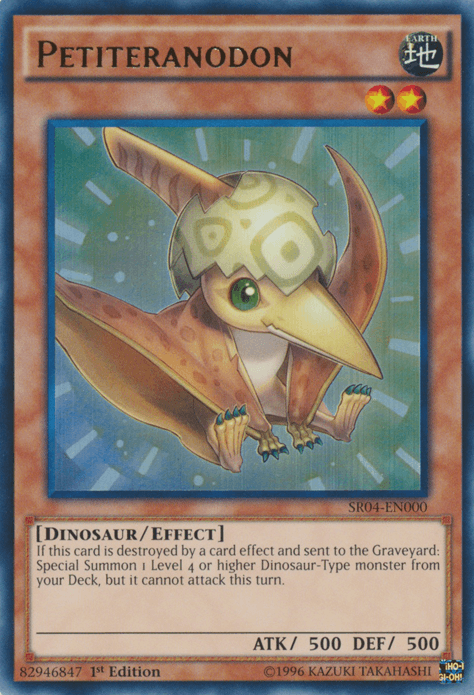 An image of a Yu-Gi-Oh! trading card named "Petiteranodon [SR04-EN000] Ultra Rare." This Ultra Rare, small, winged dinosaur with orange eyes and a large green shell-like helmet is an EARTH attribute Dinosaur-Type monster with 2 stars, 500 ATK, and 500 DEF from the Structure Deck: Dinosmasher's Fury.