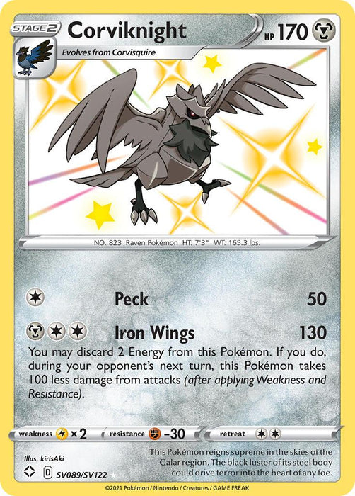 A Corviknight (SV089/SV122) [Sword & Shield: Shining Fates] from Pokémon features Corviknight, a Stage 2 Steel/Flying type Pokémon with 170 HP. This Ultra Rare card showcases Corviknight in a dynamic flying pose. Its moves include Peck (50 damage) and Iron Wings (130 damage), with weakness to Electric, resistance to Fighting, and retreat cost of two.