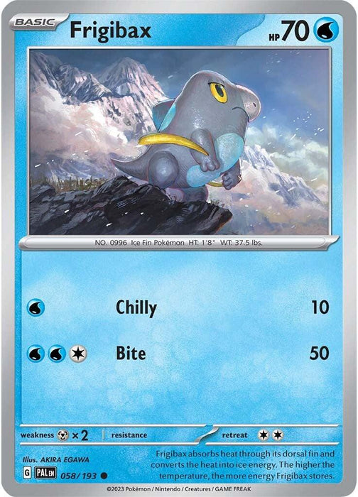 A Pokémon card for Frigibax (058/193) [Scarlet & Violet: Paldea Evolved], an Ice/Dragon type with 70 HP, from the Pokémon series. Frigibax stands on a snowy mountain peak, looking upwards. The card shows its two moves: Chilly (10 damage) and Bite (50 damage). Its weaknesses, resistance, and retreat cost are also noted.