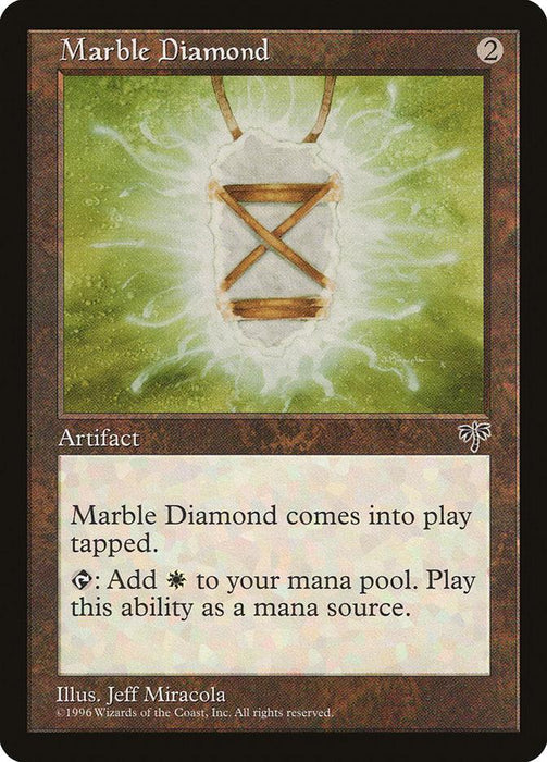 The image depicts an uncommon Magic: The Gathering card named "Marble Diamond [Mirage]." This artifact, with a casting cost of 2 colorless mana, comes into play tapped. {T}: Add {W} to your mana pool. Its artwork by Jeff Miracola shows a diamond emitting a bright light against a green background.