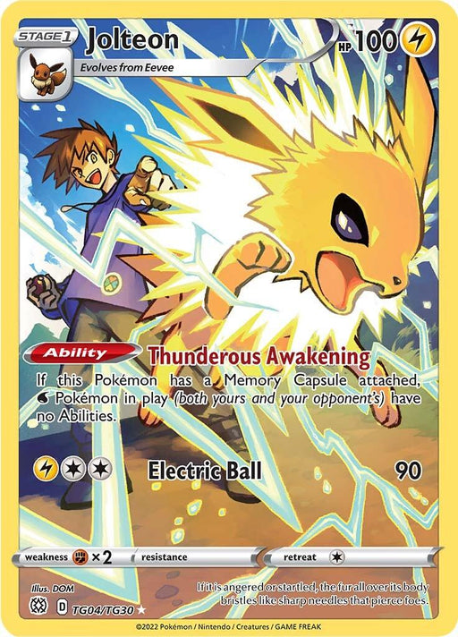 A Pokémon trading card featuring Jolteon, an electric-type creature from the Sword & Shield series. This Secret Rare card showcases Jolteon mid-leap, its yellow spiky fur emitting electric sparks. With 100 HP and abilities "Thunderous Awakening" and "Electric Ball," an animated trainer points in the background is called Jolteon (TG04/TG30) [Sword & Shield: Brilliant Stars] by Pokémon.