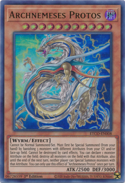 The Yu-Gi-Oh! trading card "Archnemeses Protos [ETCO-EN008] Ultra Rare" is a Wyrm/Effect monster depicted as a dragon with a segmented body and multiple gold and silver armor plates. The card includes text detailing its summoning conditions and special abilities, and it possesses 2500 attack points alongside 3000 defense points.