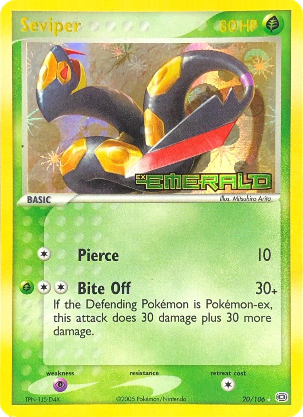 This exclusive Pokémon trading card, Seviper (20/106) [EX: Emerald], showcases Seviper with 80 HP. This snake-like creature features a black body decorated with yellow patterns and red markings. Its abilities include Pierce, inflicting 10 damage, and Bite Off, dealing 30+ damage.