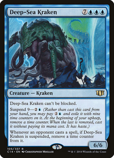 The image showcases a Magic: The Gathering card titled "Deep-Sea Kraken" from Commander 2014, depicting an imposing green Kraken emerging from the ocean. This Creature — Kraken has a casting cost of 7 mana, power and toughness of 6/6, and features distinctive abilities along with Suspend 9 for strategic gameplay.