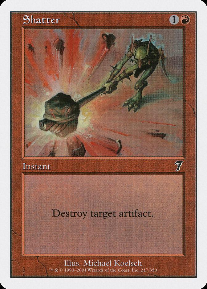 The "Shatter" card from the Seventh Edition of Magic: The Gathering, featuring artwork by Michael Koelsch, depicts a scene with a creature wielding a massive hammer surrounded by red energy. As an Instant card, it enables players to destroy a target artifact, adding significant strength to any deck.